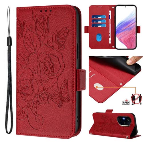 Funda de Cuero Antirrobo Rfid con Relieve Rosa para Honor 300 Pro 5G y 300 Ultra 5G (Rojo)