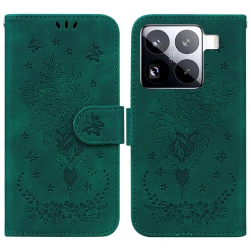 Funda De Cuero Con Relieve De Mariposa Y Rosa Para Xiaomi 15 Pro (Verde)