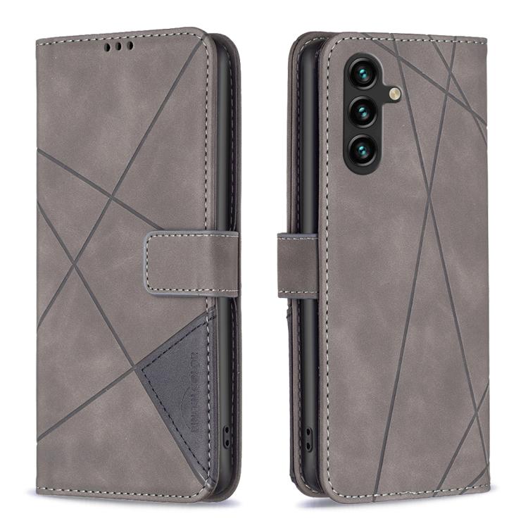 Funda de cuero con textura romboidal y hebilla magnética para Samsung Galaxy M36 5G (gris)