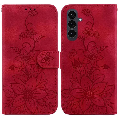 Funda de piel con relieve de lirio para Samsung Galaxy S25 FE 5G (roja)