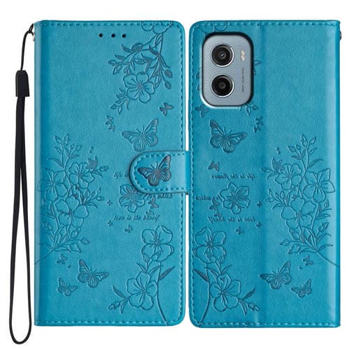Funda de Cuero Motorola Moto E15 con Diseño de Mariposas y Flores (Azul)