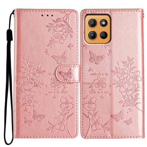 Funda de Cuero para Motorola Moto G15 con Mariposas y Flores (Oro Rosa)