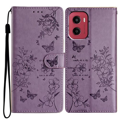 Funda de Cuero para Motorola Moto G05 con Mariposas y Flores (Morado)