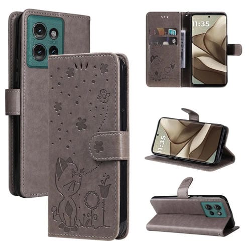 Funda de Cuero con Tapa para Motorola Edge 50 5G con Diseño de Gato y Abeja (Gris)