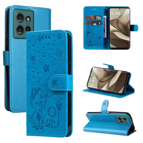 Funda de Cuero con Tapa para Motorola Edge 50 5G con Diseño de Gato y Abeja (Azul)