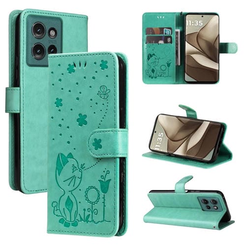 Funda de Cuero con Tapa Motorola Edge 50 5G Diseño Gato y Abeja (Verde)