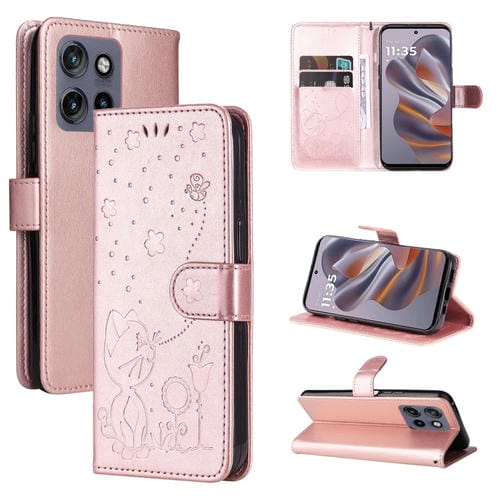 Funda de Cuero con Tapa para Motorola Edge 50 Neo con Diseño de Gato y Abeja en Relieve (Oro Rosa)