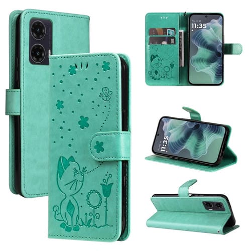 Funda de Cuero con Tapa para Motorola Moto G35 con Diseño de Gato y Abeja (Verde)