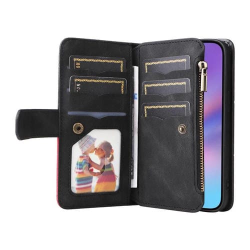 Funda de cuero con cremallera para iPhone 17, bicolor, con 9 ranuras para tarjetas (negro)