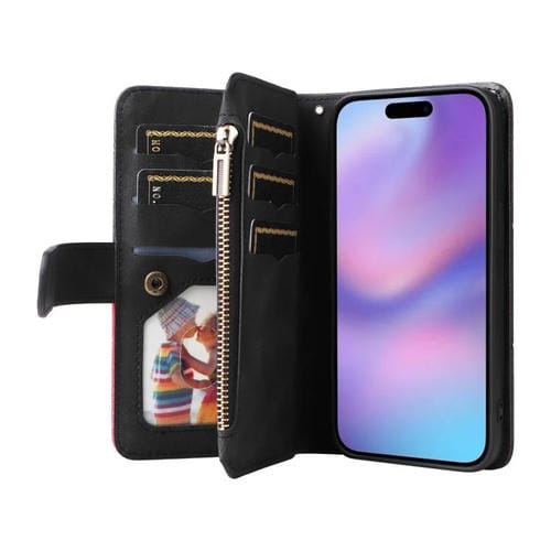 Funda de cuero con cremallera para iPhone 17, bicolor, con 9 ranuras para tarjetas (negro)