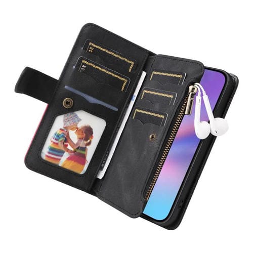 Funda de cuero con cremallera para iPhone 17, bicolor, con 9 ranuras para tarjetas (negro)