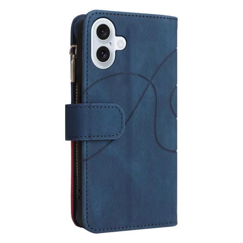 Funda de cuero con cremallera para iPhone 17, bicolor, con 9 ranuras para tarjetas (azul)