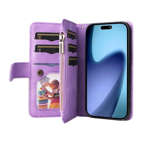 Funda de cuero con cremallera para iPhone 17 Air, bicolor, con 9 ranuras para tarjetas (morado)