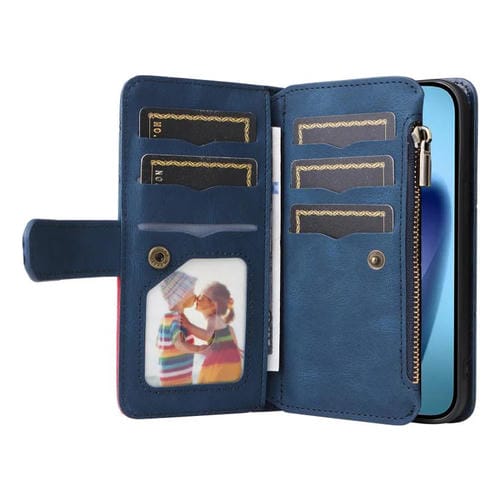 Funda de cuero con cremallera para iPhone 17 Air, bicolor, con 9 ranuras para tarjetas (azul)