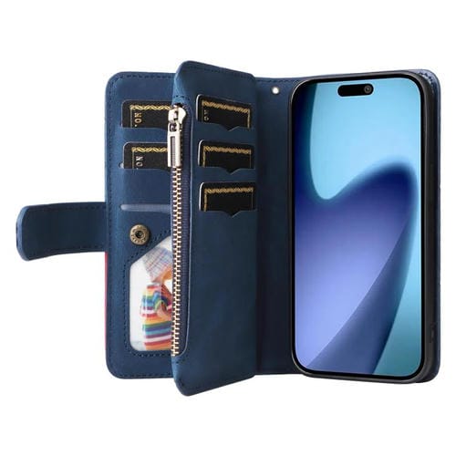 Funda de cuero con cremallera para iPhone 17 Air, bicolor, con 9 ranuras para tarjetas (azul)