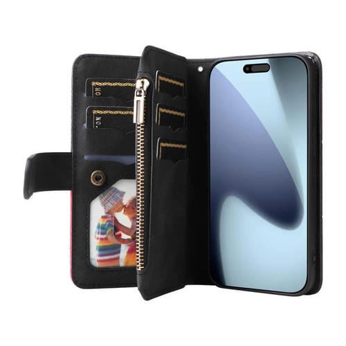 Funda de cuero con cremallera para iPhone 17 Pro, bicolor, con 9 ranuras para tarjetas (negro)