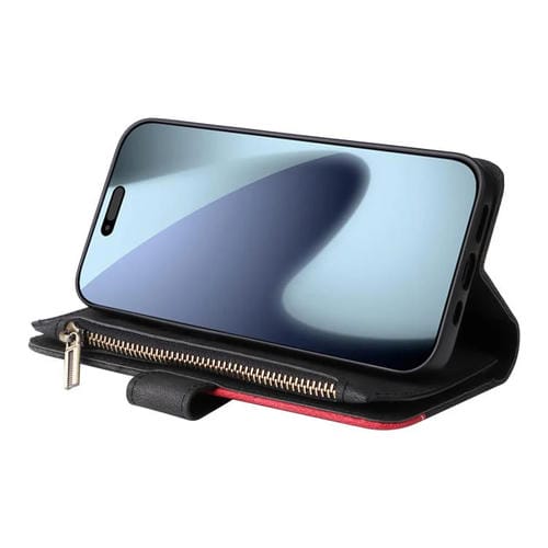 Funda de cuero con cremallera para iPhone 17 Pro, bicolor, con 9 ranuras para tarjetas (negro)