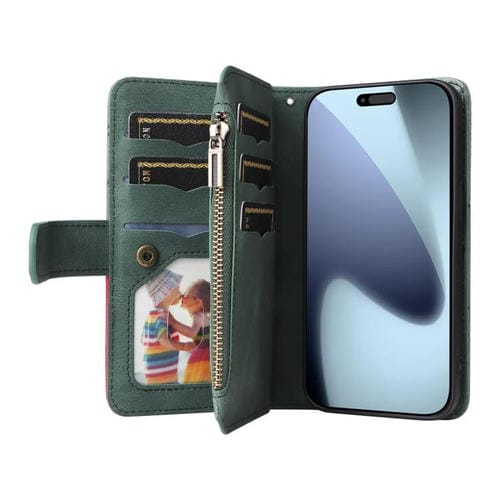 Funda de cuero con cremallera para iPhone 17 Pro, bicolor, con 9 ranuras para tarjetas (verde)