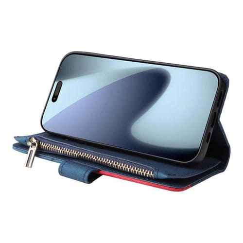Funda de cuero con cremallera para iPhone 17 Pro, bicolor, con 9 ranuras para tarjetas (azul)