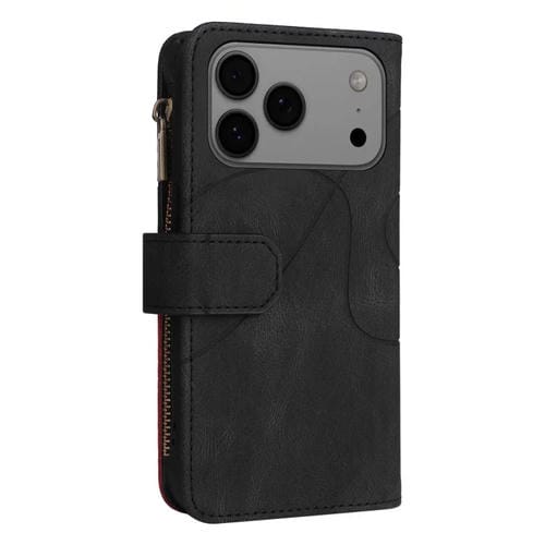 Funda de cuero con cremallera para iPhone 17 Pro Max, bicolor, con 9 ranuras para tarjetas (negro)