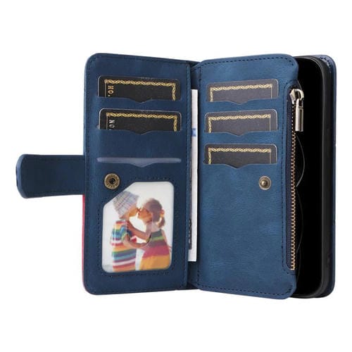 Funda de cuero con cremallera para iPhone 17 Pro Max, bicolor, con 9 ranuras para tarjetas (azul)