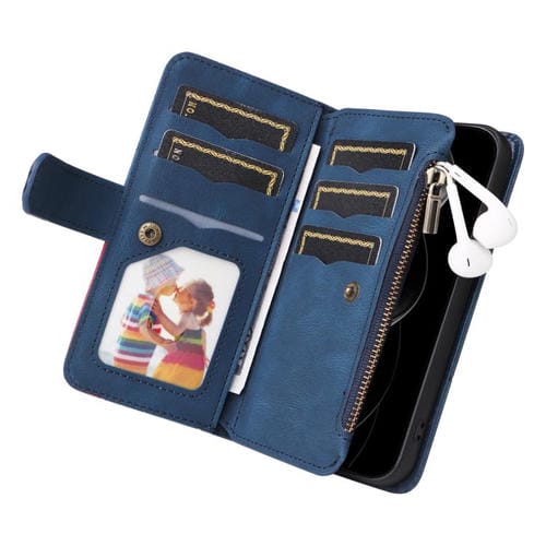 Funda de cuero con cremallera para iPhone 17 Pro Max, bicolor, con 9 ranuras para tarjetas (azul)