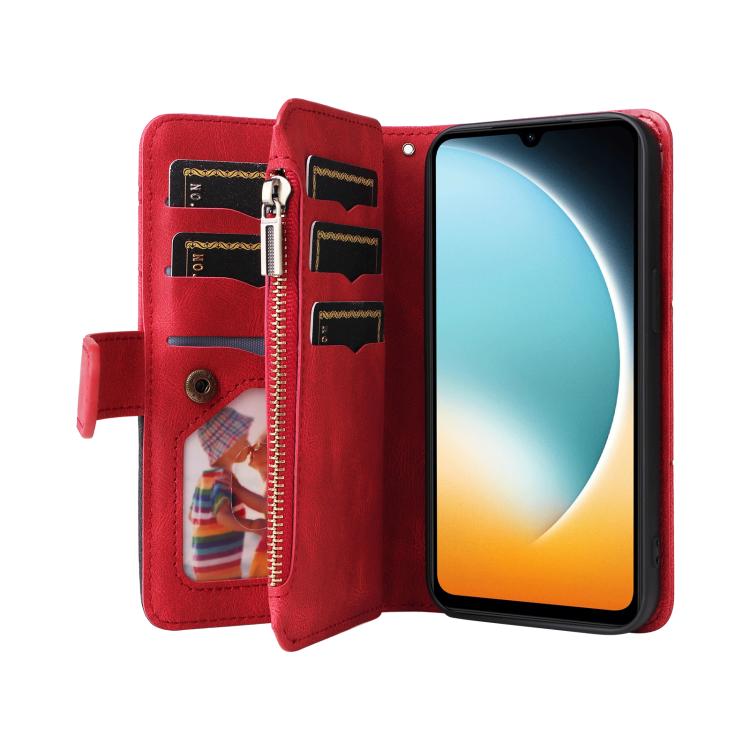 Funda de cuero con cremallera para Redmi A5 4G (171,7 mm) / Poco C71, bicolor, con 9 ranuras para tarjetas (rojo)
