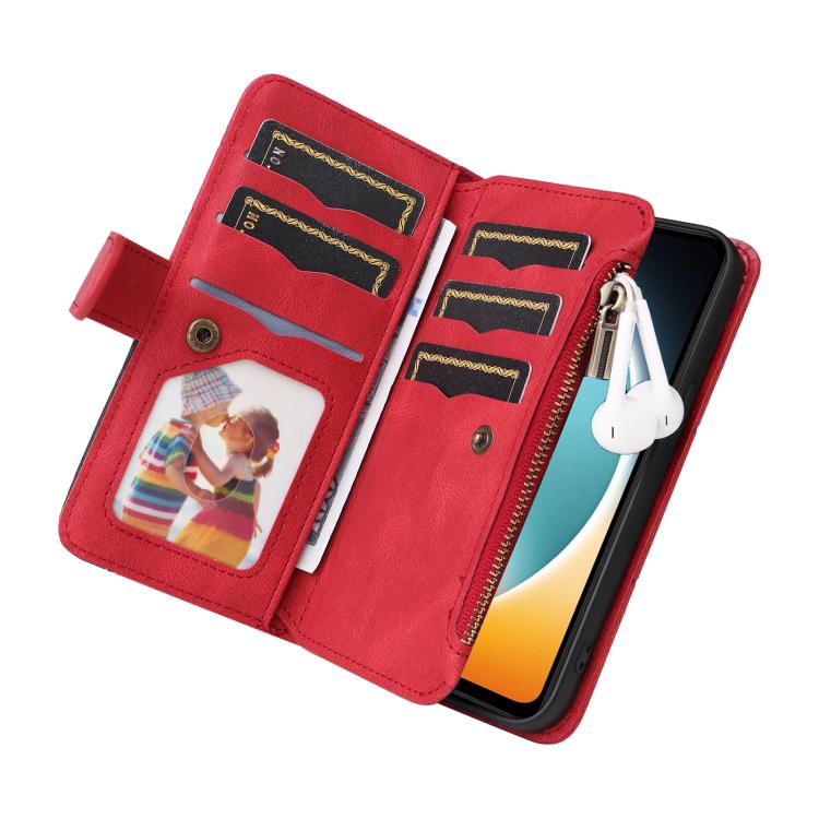 Funda de cuero con cremallera para Redmi A5 4G (171,7 mm) / Poco C71, bicolor, con 9 ranuras para tarjetas (rojo)