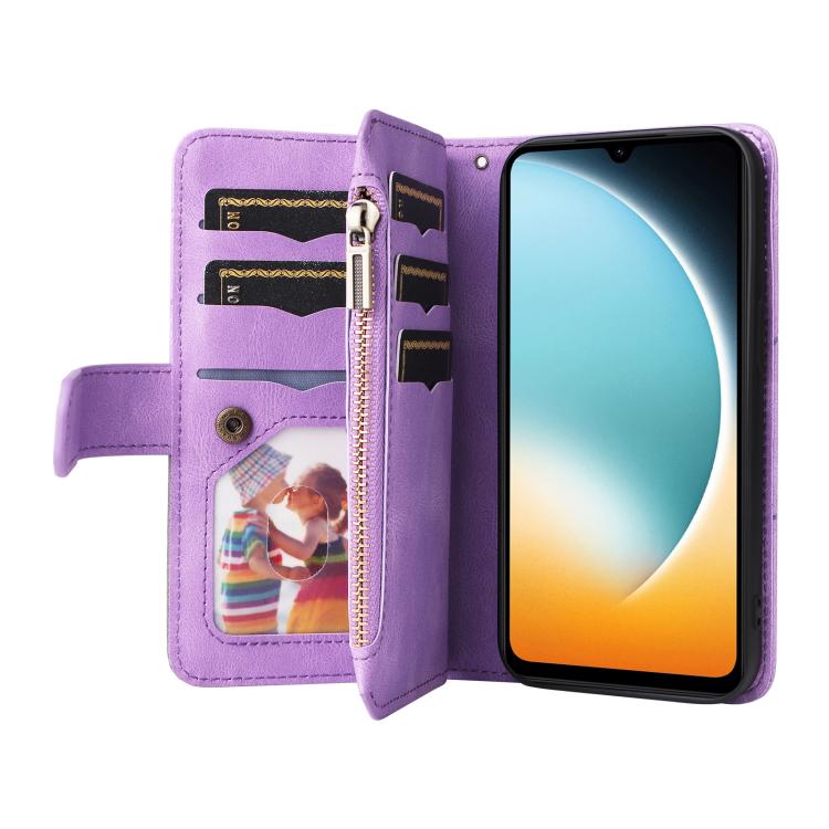 Funda de cuero con cremallera para Redmi A5 4G (171,7 mm) / Poco C71, bicolor, con 9 ranuras para tarjetas (morado)