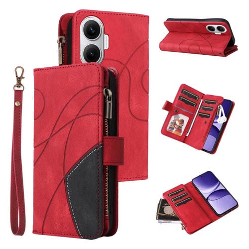 Funda de cuero con cremallera para Xiaomi Poco F7, color rojo, con 9 ranuras para tarjetas