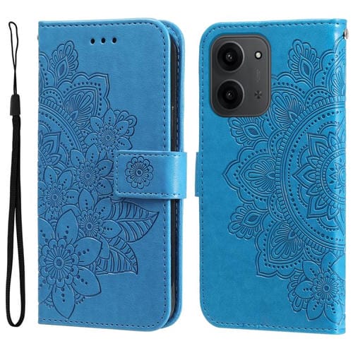 Funda de cuero con estampado de flores de siete pétalos para Redmi 15C 4G (173,1 mm) / Redmi 15C 5G (173,1 mm) (azul)