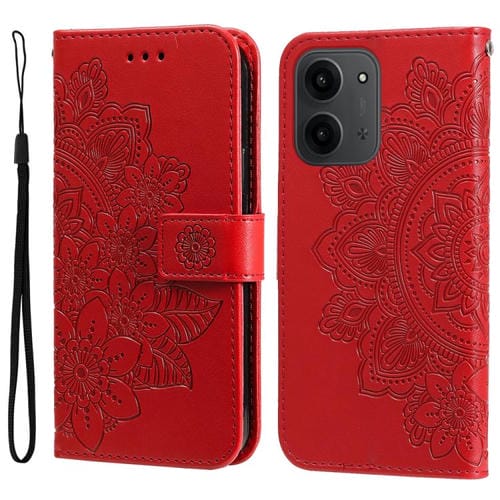 Funda de cuero con estampado de flores de siete pétalos para Redmi 15C 4G (171,5 mm) / Xiaomi Poco C85 4G (rojo)