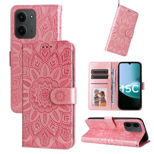 Funda de piel con estampado de girasoles en oro rosa para Redmi 15C 4G (171,5 mm) y Xiaomi Poco C85 4G