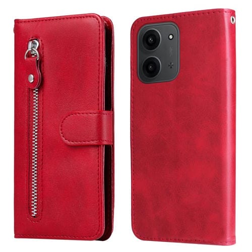 Funda de piel con cremallera y textura de becerro para Redmi 15C 4G (171,5 mm) y Xiaomi Poco C85 4G (rojo)