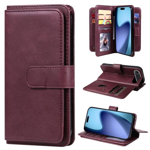 Funda de cuero multifunción tipo billetera para iPhone 17 Air con 10 ranuras para tarjetas (clarete)