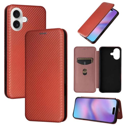 Funda de cuero con textura de fibra de carbono para iPhone 17 (marrón)