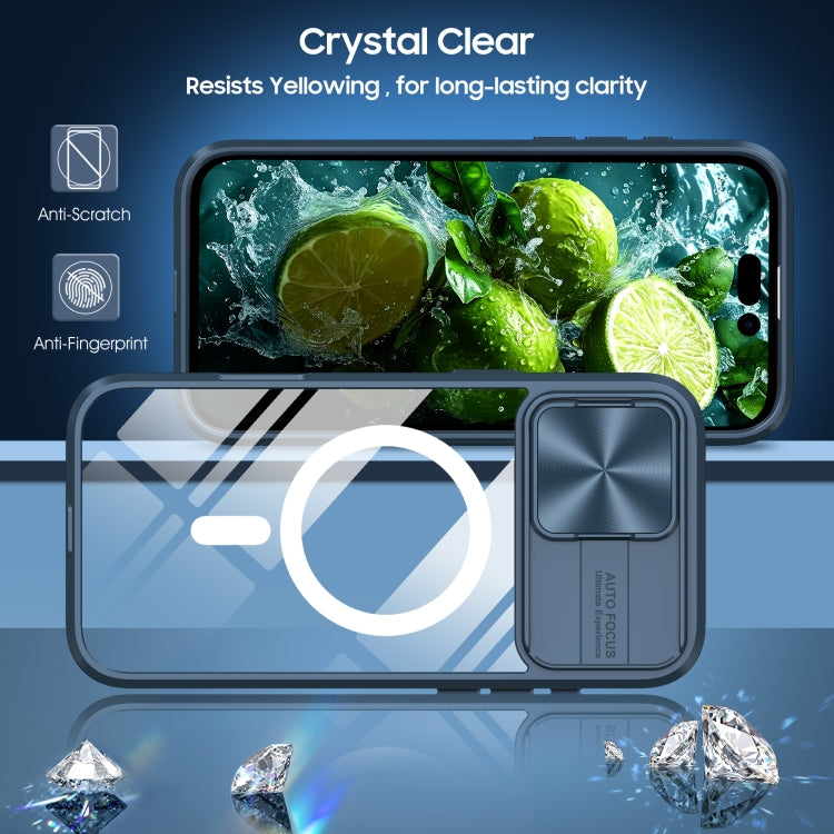 Funda para iPhone 16 Pro Max Cubierta Deslizante Acrílico Transparente PC TPU Lente Magsafe Cobertura Total (Azul Marino)