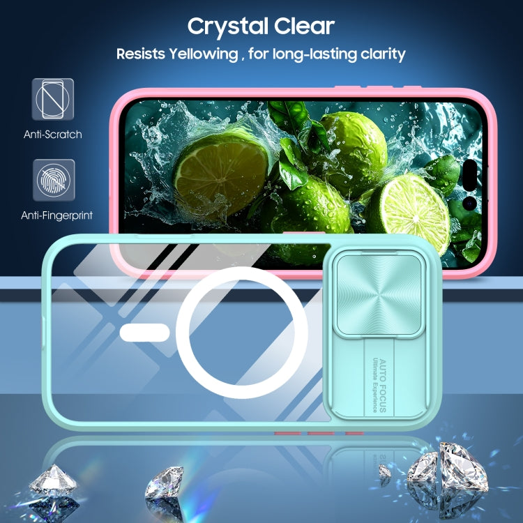 Funda para iPhone 16 Pro Max Cubierta Deslizante Acrílico Transparente PC TPU Lente Magsafe Cobertura Total (Azul y Rosa)