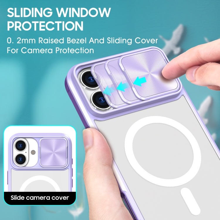 Funda para iPhone 16 Cubierta Deslizante Acrílico Transparente PC TPU Lente Magsafe Cobertura Total (Morado)