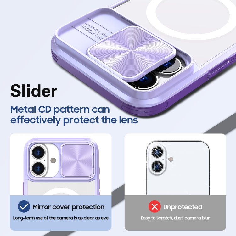 Funda para iPhone 16 Cubierta Deslizante Acrílico Transparente PC TPU Lente Magsafe Cobertura Total (Morado)
