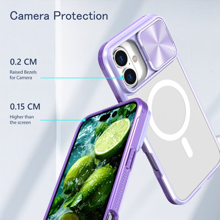 Funda para iPhone 16 Cubierta Deslizante Acrílico Transparente PC TPU Lente Magsafe Cobertura Total (Morado)
