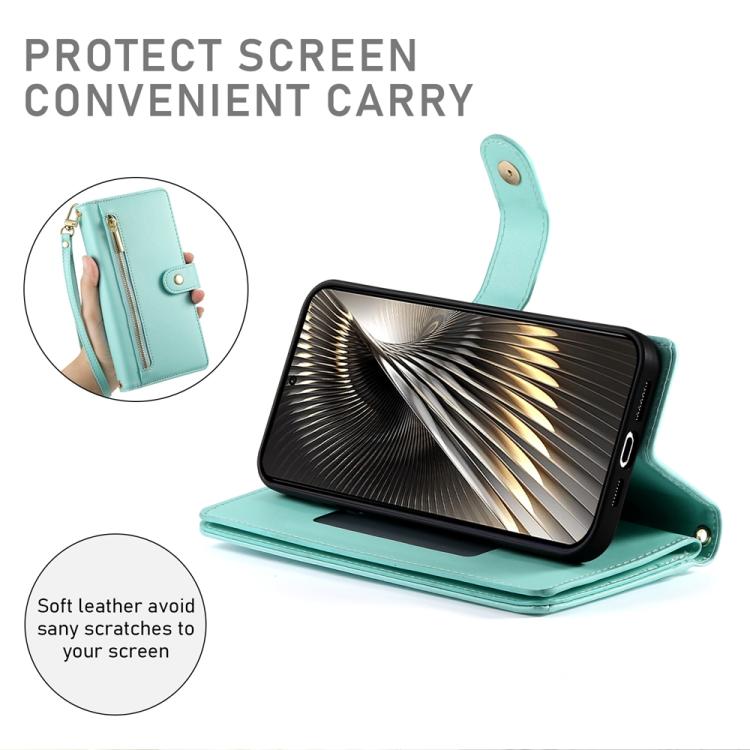 Funda de cuero con cremallera y ranura para tarjetas para Redmi Turbo 4 Pro / Xiaomi Poco F7 (verde menta)
