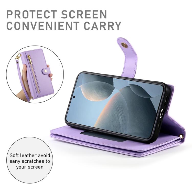 Funda de cuero con cremallera y ranura para tarjetas para Redmi K80/K80 Pro (morado)