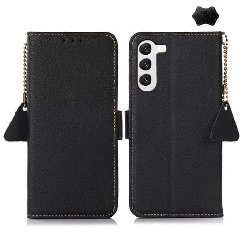 Funda de cuero genuino RFID con imán lateral TJ para Samsung Galaxy S25 FE 5G (negra)