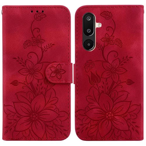 Funda de piel con relieve de lirio para Samsung Galaxy M16 5G / F16 5G / M36 5G (roja)