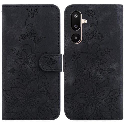 Funda de piel con relieve de lirio para Samsung Galaxy M16 5G / F16 5G / M36 5G (negra)