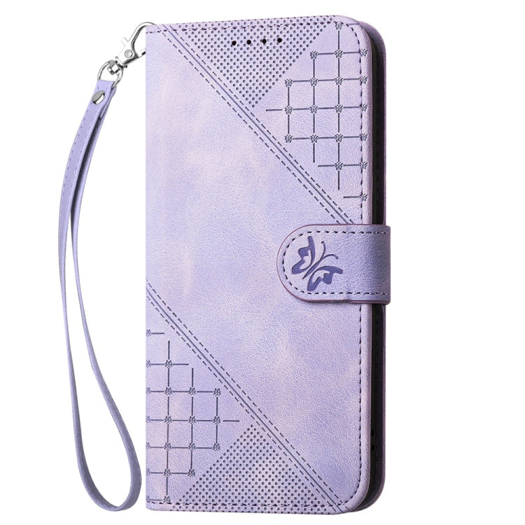 Funda de Cuero para Sharp Aquos R9 Pro con Diseño Mariposa en Relieve y Cordón (Morado Claro)