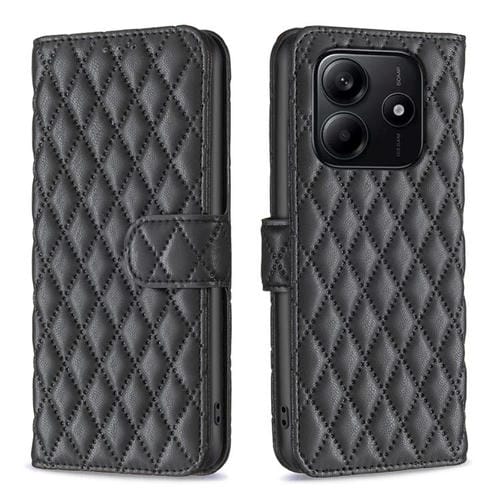 Funda de Cuero Tipo Billetera con Tapa y Diseño de Celosía En Forma de Diamante para Redmi Note 14 4G (Negra)