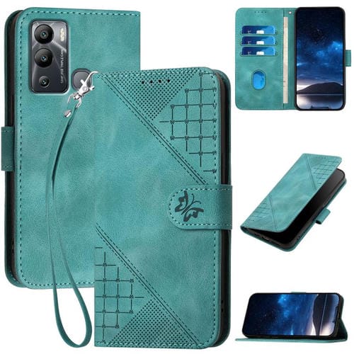 Funda de Cuero para Infinix Hot 12I con Diseño de Mariposas en Relieve y Cordón (Azul Claro)