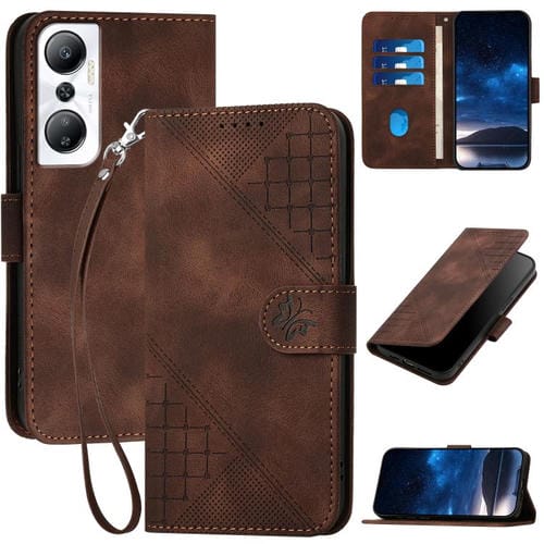 Funda de Cuero para Infinix Hot 20 4G con Diseño de Mariposa en Relieve y Cordón (Café)